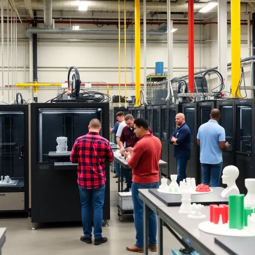 A large-scale 3D printer operating in a factory environment in Huntsville.