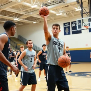 Alabama basketball players practicing in a gym