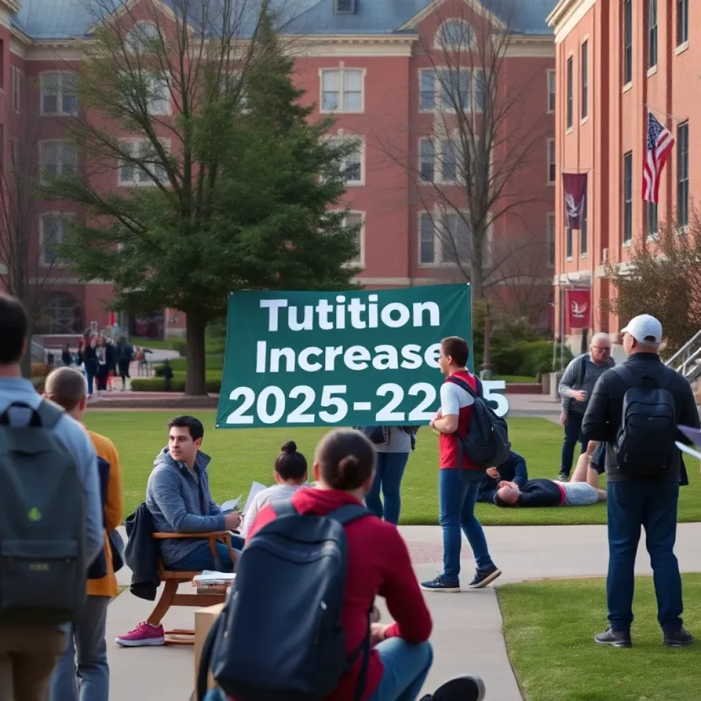 Students on the University of Alabama campus with a tuition increase banner.