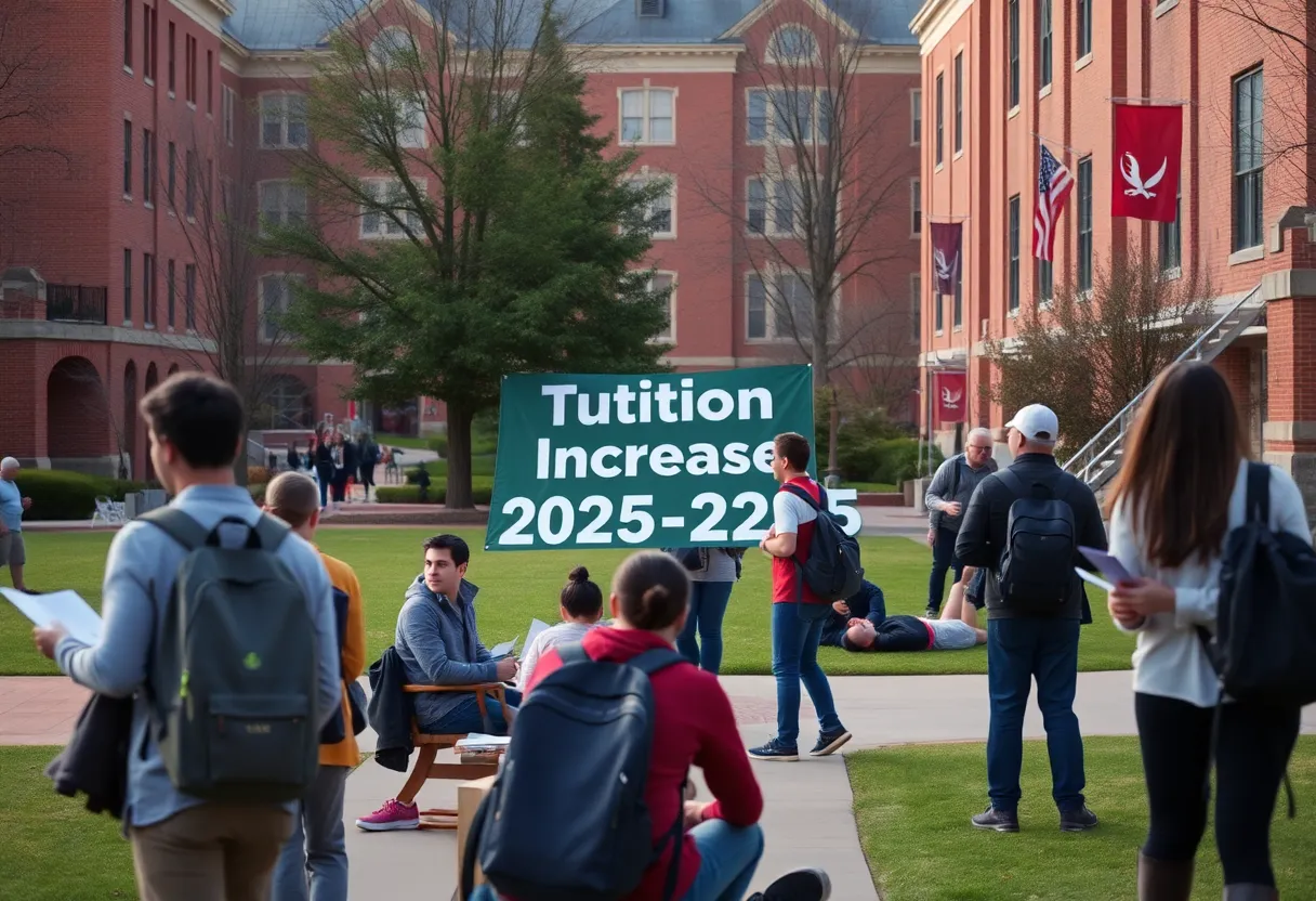 Students on the University of Alabama campus with a tuition increase banner.
