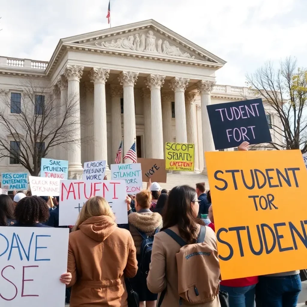 Protesters rallying outside a federal courthouse in Birmingham for student rights