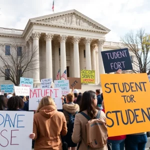 Protesters rallying outside a federal courthouse in Birmingham for student rights