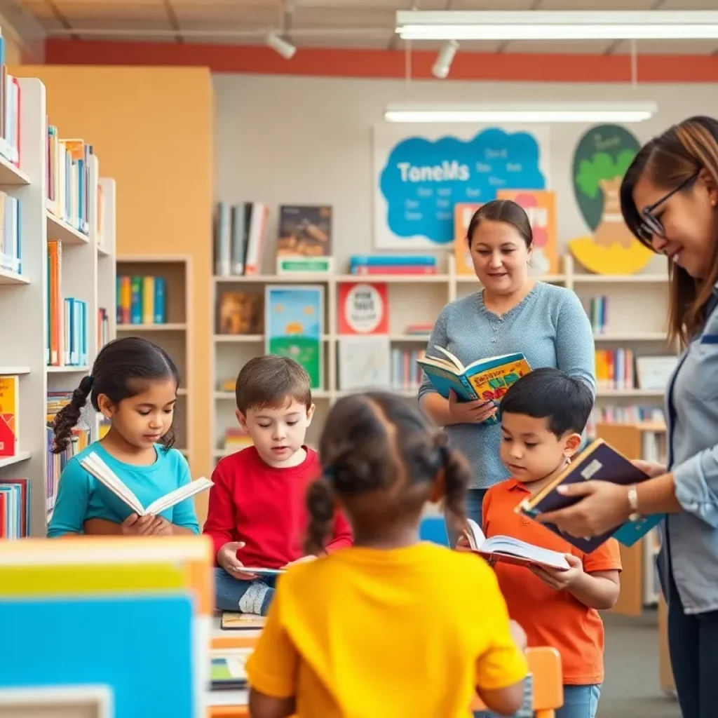 Children enjoying books in a bright school library filled with new titles.