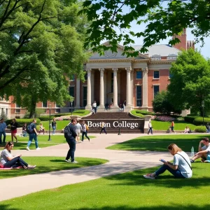 Overview of Boston College campus with students studying