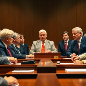 Business representatives in courtroom discussing trade tariffs