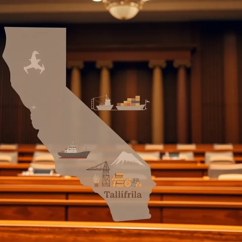 Illustration depicting California's legal challenge against tariff policies.