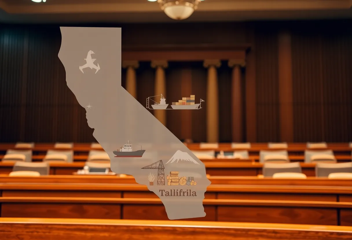 Illustration depicting California's legal challenge against tariff policies.