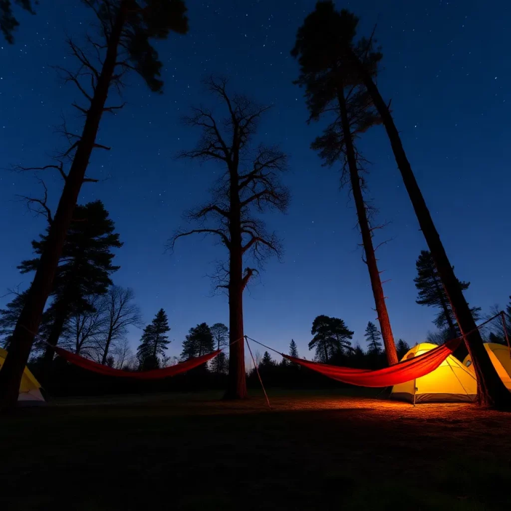 Hammocks set up in a camping area surrounded by trees at night