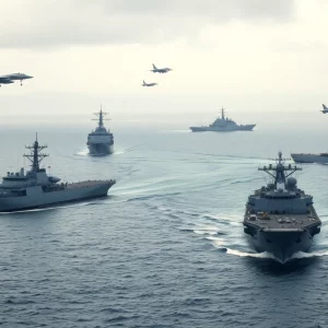 Military exercises conducted by China near Taiwan showcasing navy and air force activities.