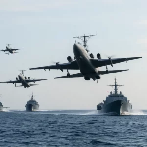 Chinese military drills near Taiwan showcasing naval and air force activities.