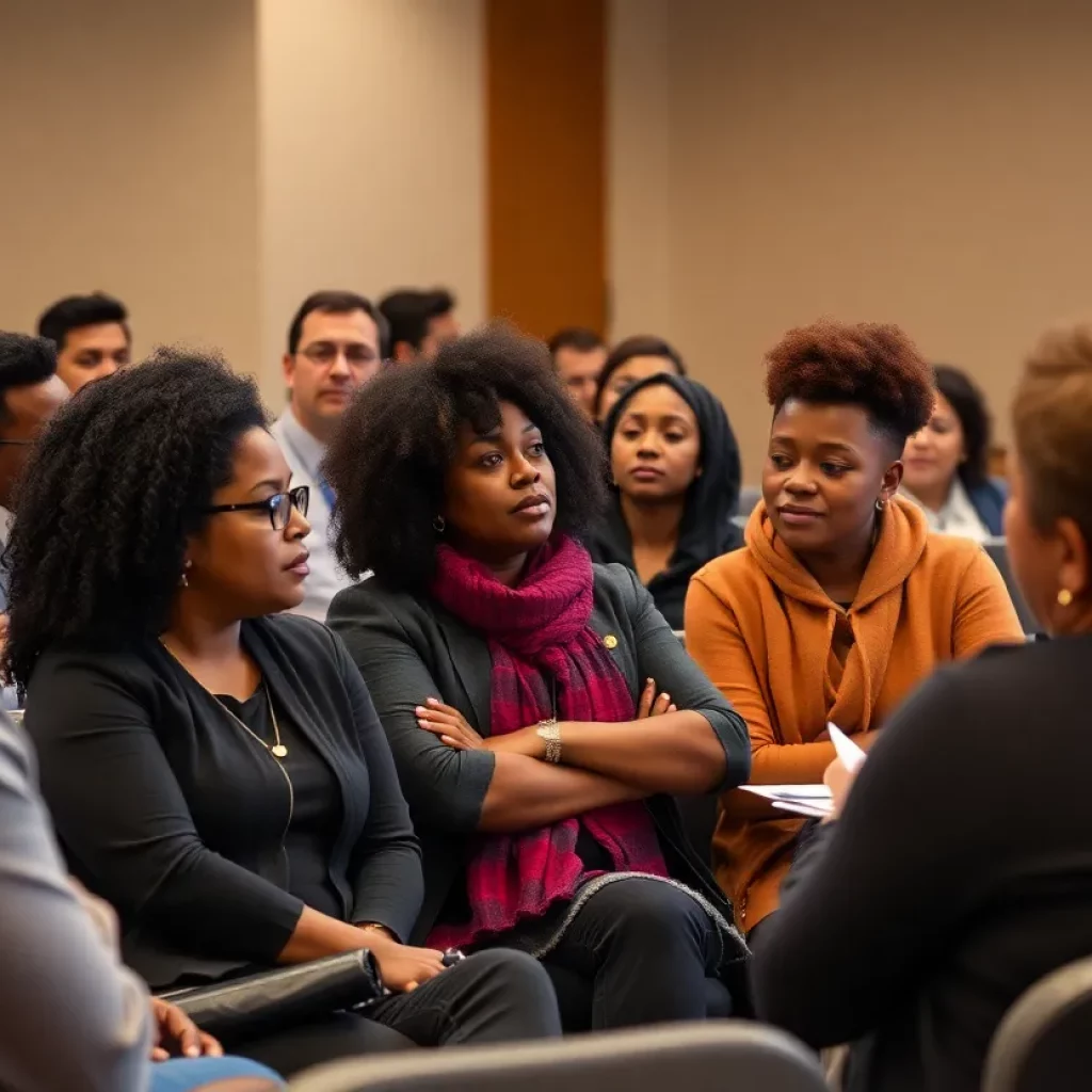 Diverse community members engaged in a discussion about voting rights and representation.