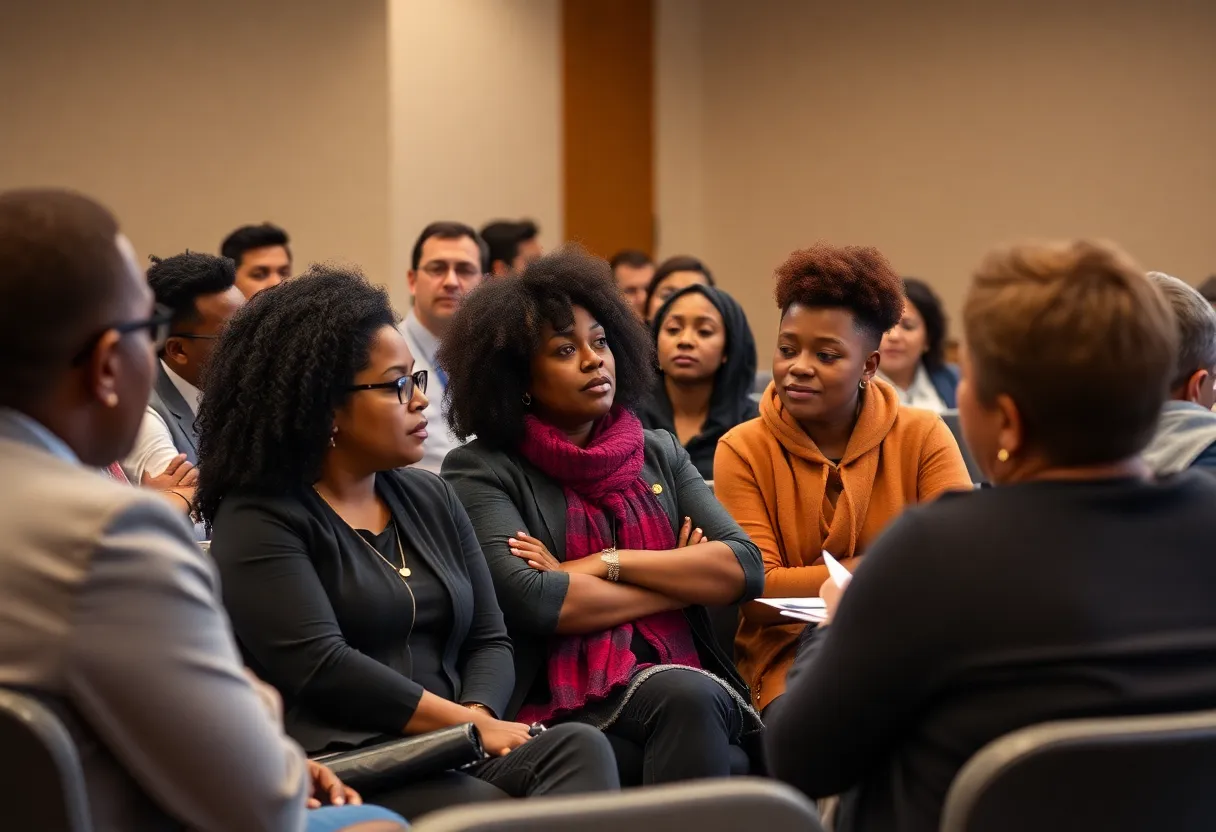 Diverse community members engaged in a discussion about voting rights and representation.