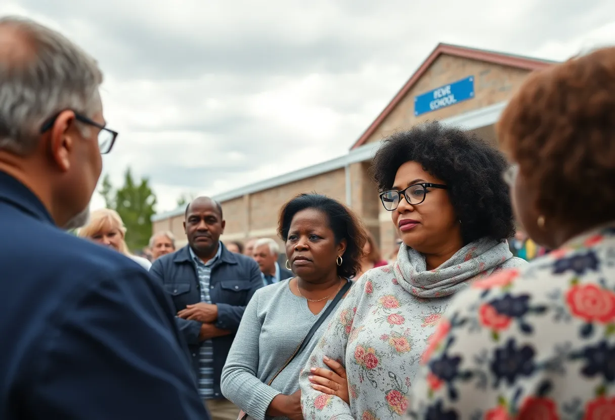 Parents discussing education issues in front of a school building