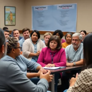 A diverse group discussing voting rights in a community meeting.