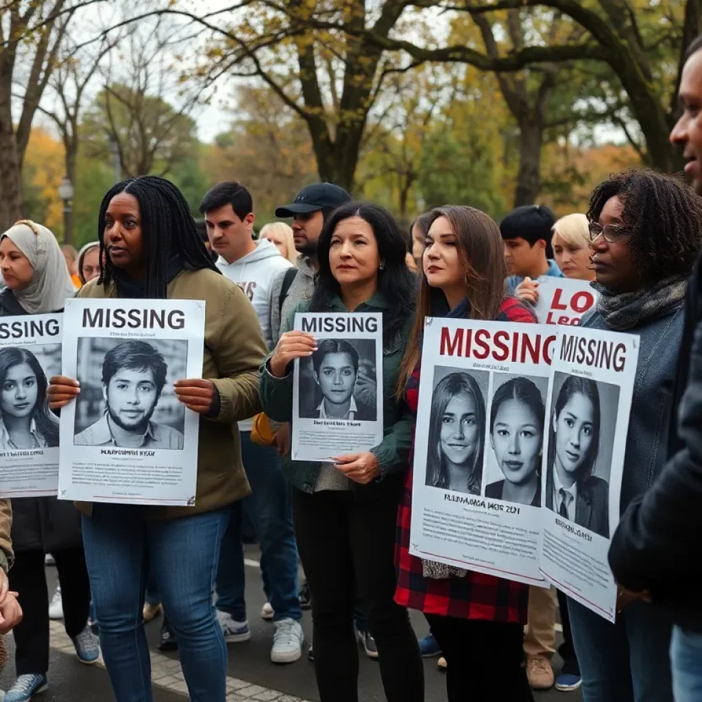 Community members gathered with posters seeking information about a missing woman