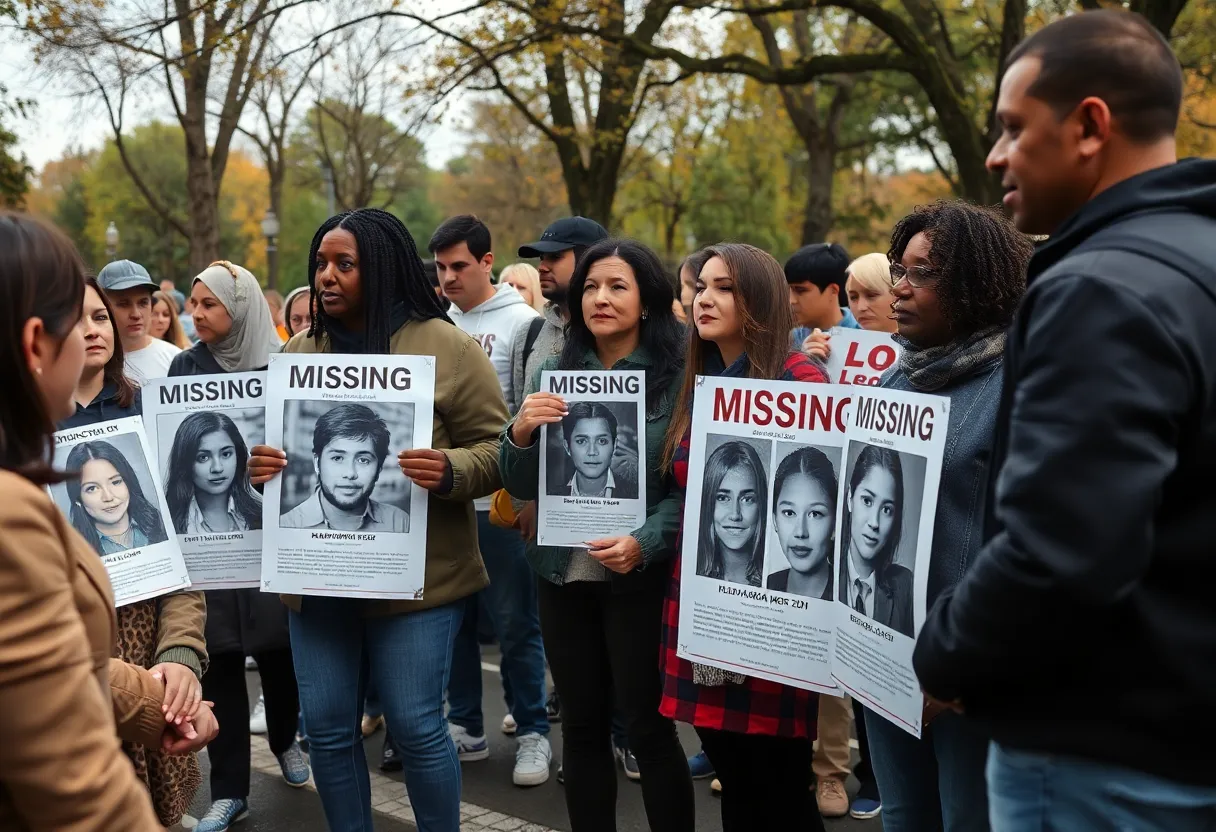 Community members gathered with posters seeking information about a missing woman