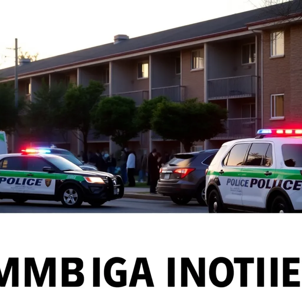 Police vehicles gathered outside an apartment complex early in the morning.