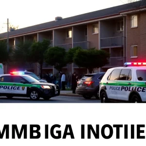 Police vehicles gathered outside an apartment complex early in the morning.