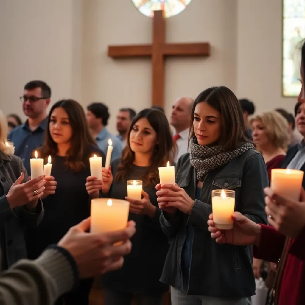 Prayer vigil for missing realtor with community members holding candles