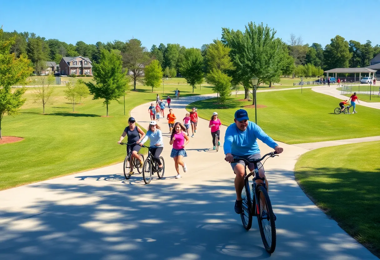 Families exercising in a community park in Huntsville, Alabama.