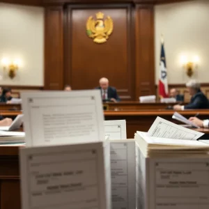 Judges in a courtroom deliberating on election ballots.