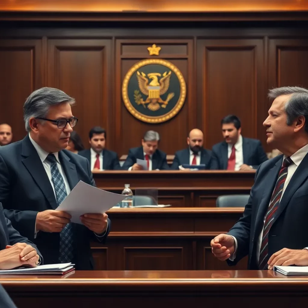 A courtroom filled with legal professionals engaged in discussions