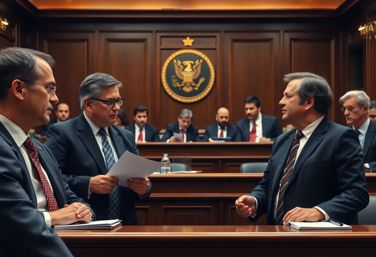 A courtroom filled with legal professionals engaged in discussions