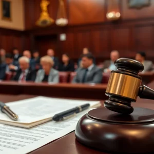 A view of a courtroom during a high-profile libel case
