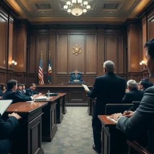 Courtroom scene during trial proceedings