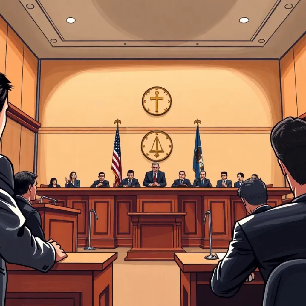 Courtroom during a serious trial with a judge and jury present.