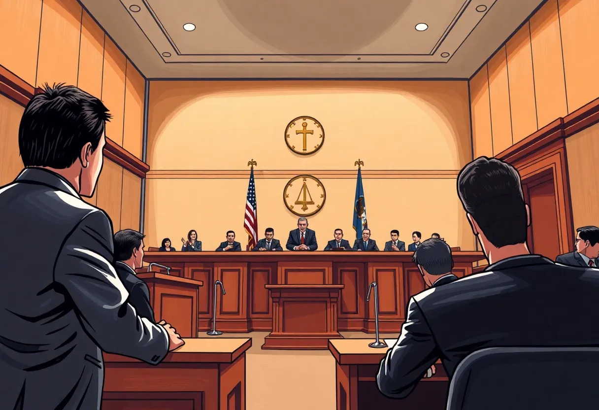 Courtroom during a serious trial with a judge and jury present.