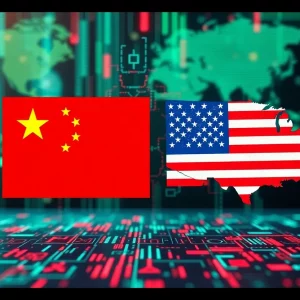 Abstract digital art depicting cybersecurity tensions between China and the U.S.