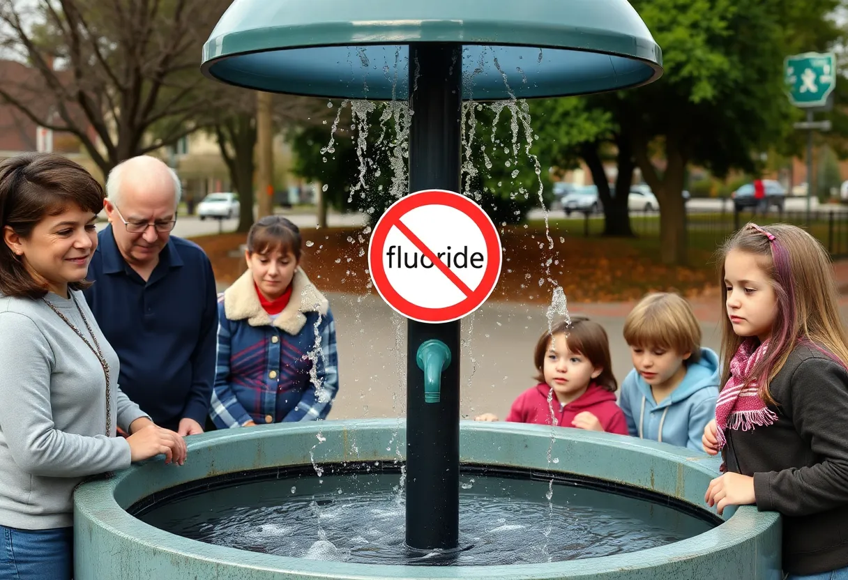 Community water fountain with a sign about fluoride debate