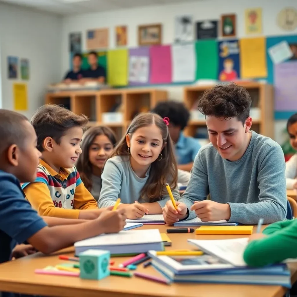 Diverse group of students learning together in a classroom
