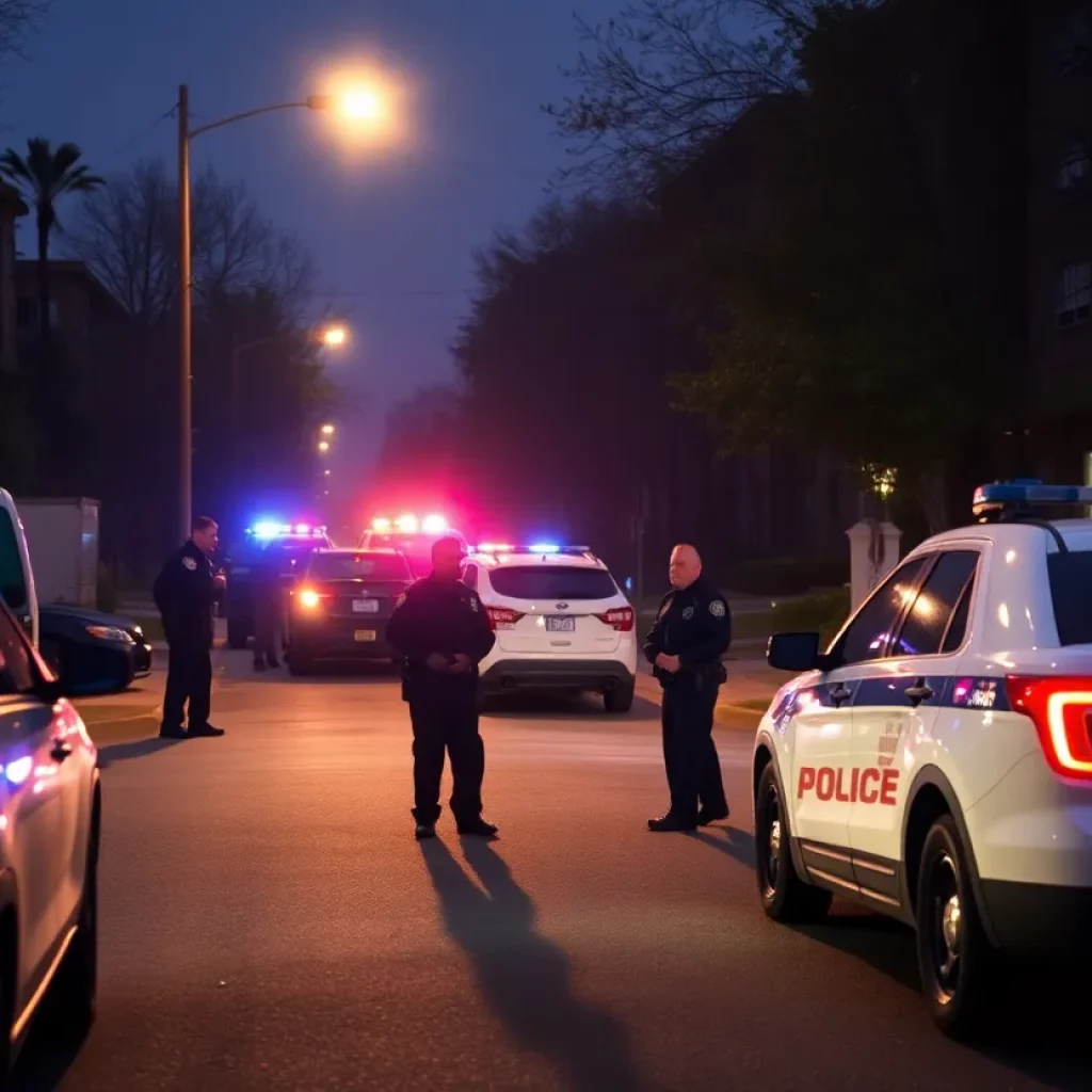 Police vehicles and officers at an apartment complex during early morning
