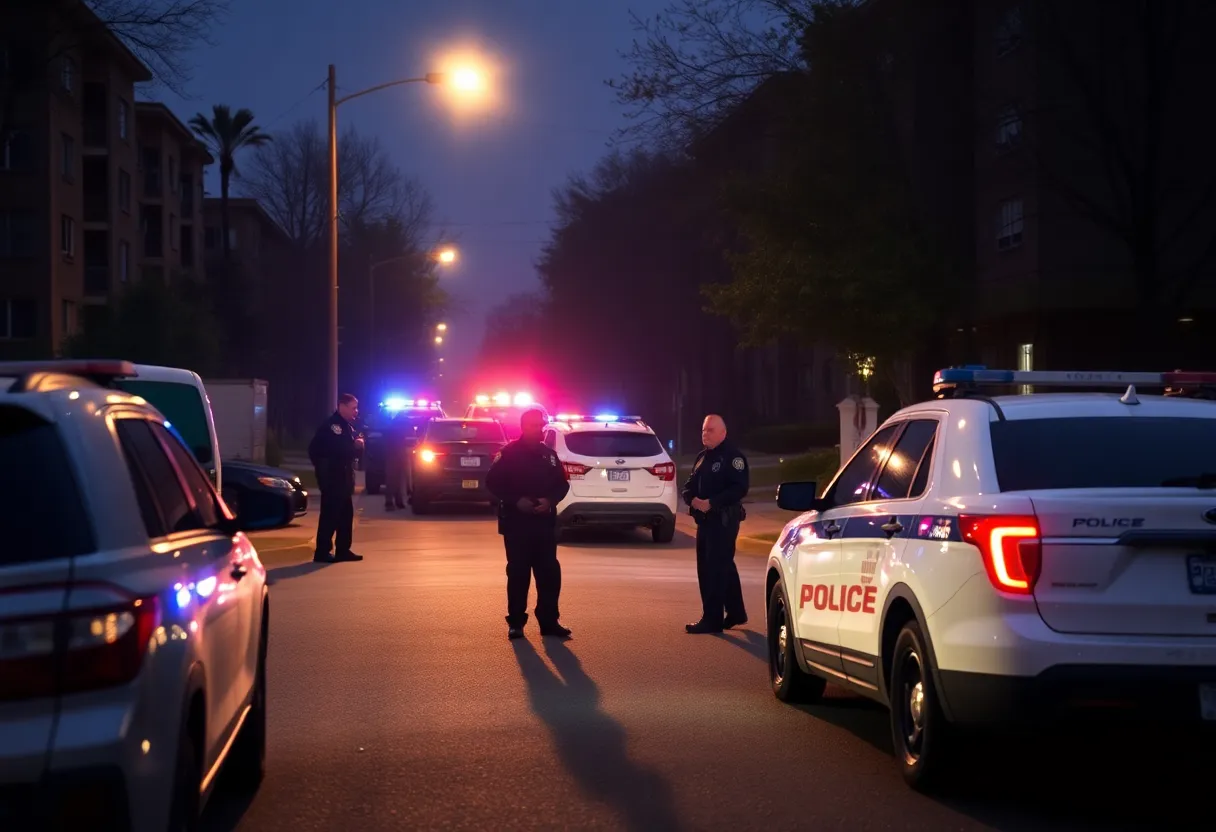 Police vehicles and officers at an apartment complex during early morning