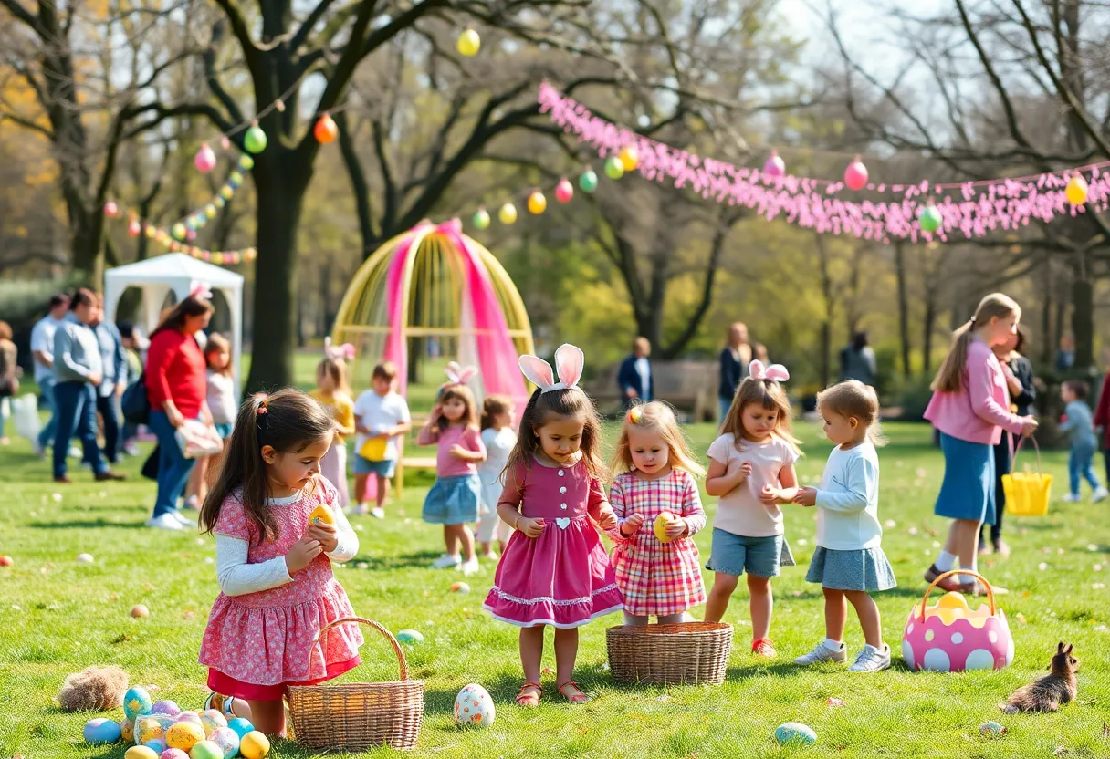 Families and children enjoying Easter egg hunt at a park in Huntsville