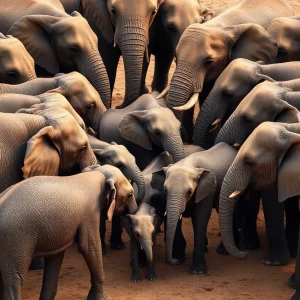Herd of elephants forming a protective circle around younger elephants during an earthquake.