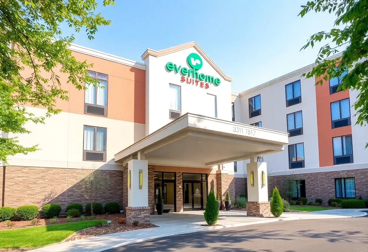Exterior view of Everhome Suites hotel in Huntsville, Alabama.