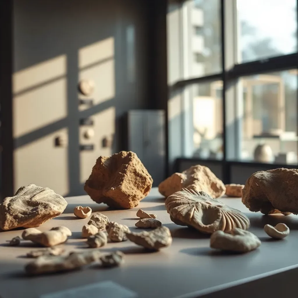 Display of pottery shards and fossils in a museum exhibit.