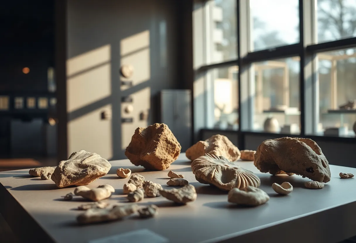 Display of pottery shards and fossils in a museum exhibit.