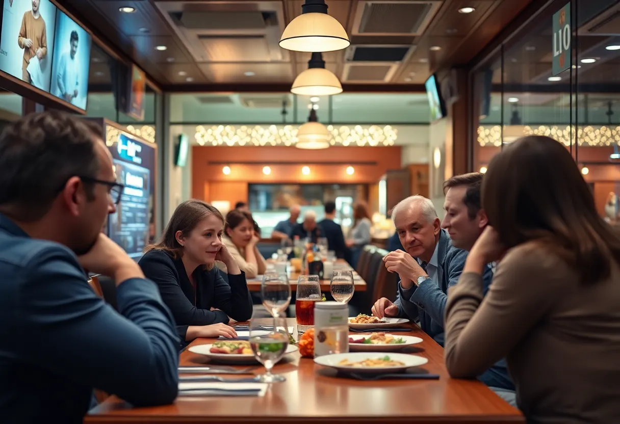 Scene depicting a family dinner at a restaurant with a focus on security measures.
