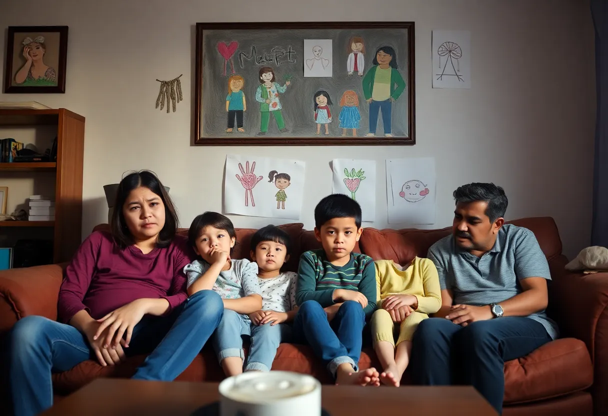 Family expressing emotional distress due to separation from father