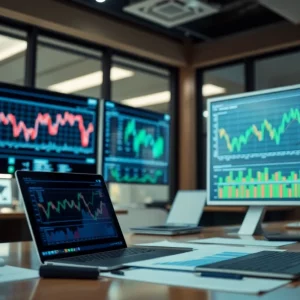 Financial analysis office with charts showing market trends