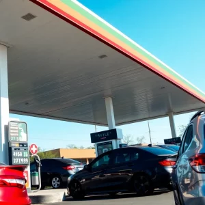 Cars refueling at a gas station with price display boards in Alabama