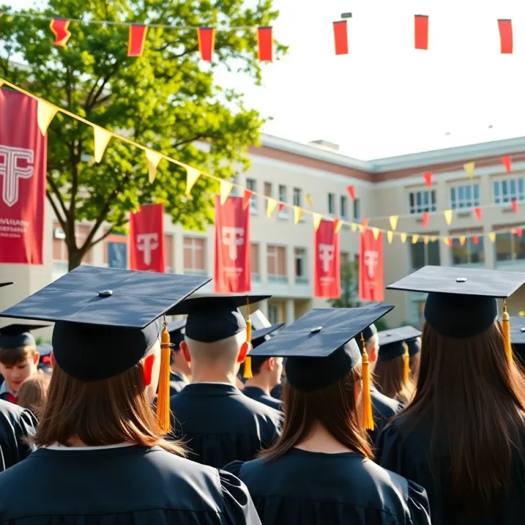 Graduation ceremony with students in caps and gowns