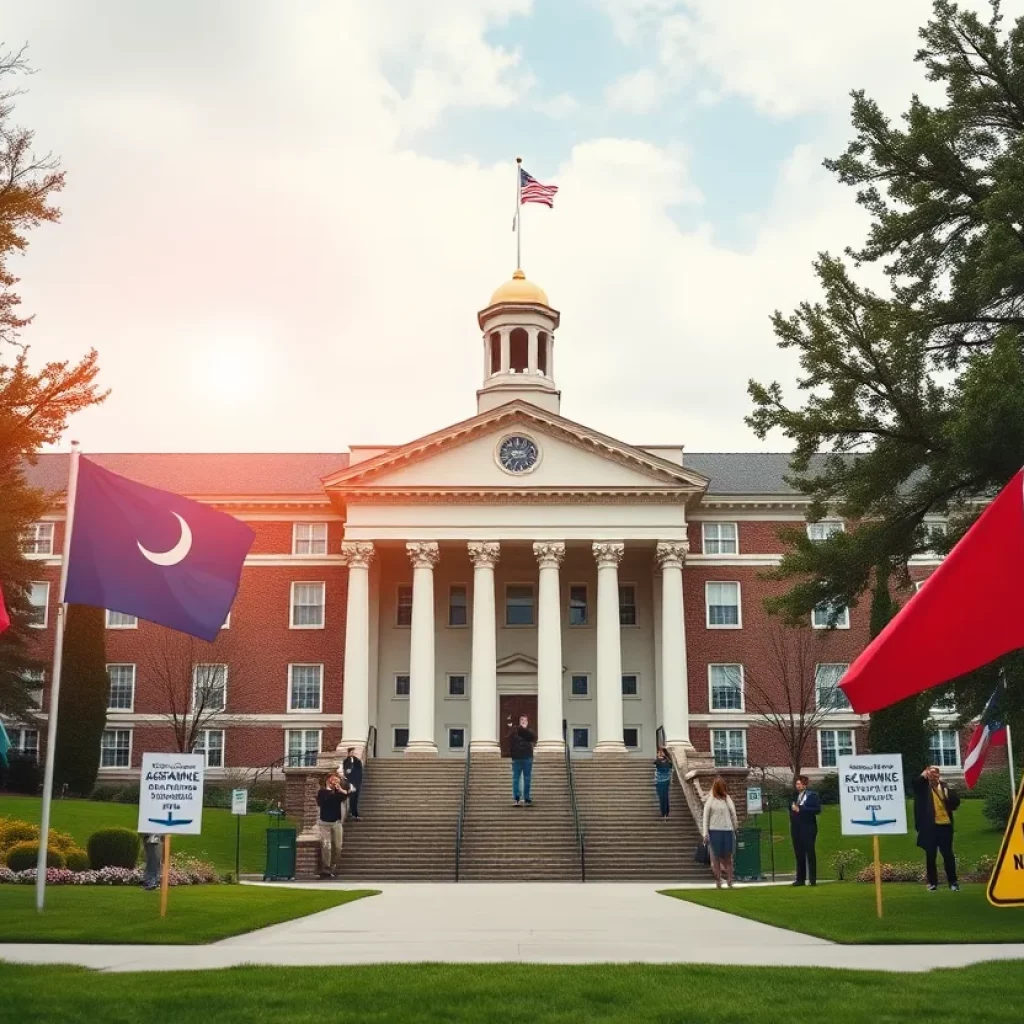 Illustration depicting the conflict between Harvard University and federal funding issues.