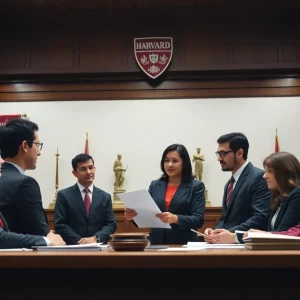 Professors discussing legal action against funding review in Harvard courtroom