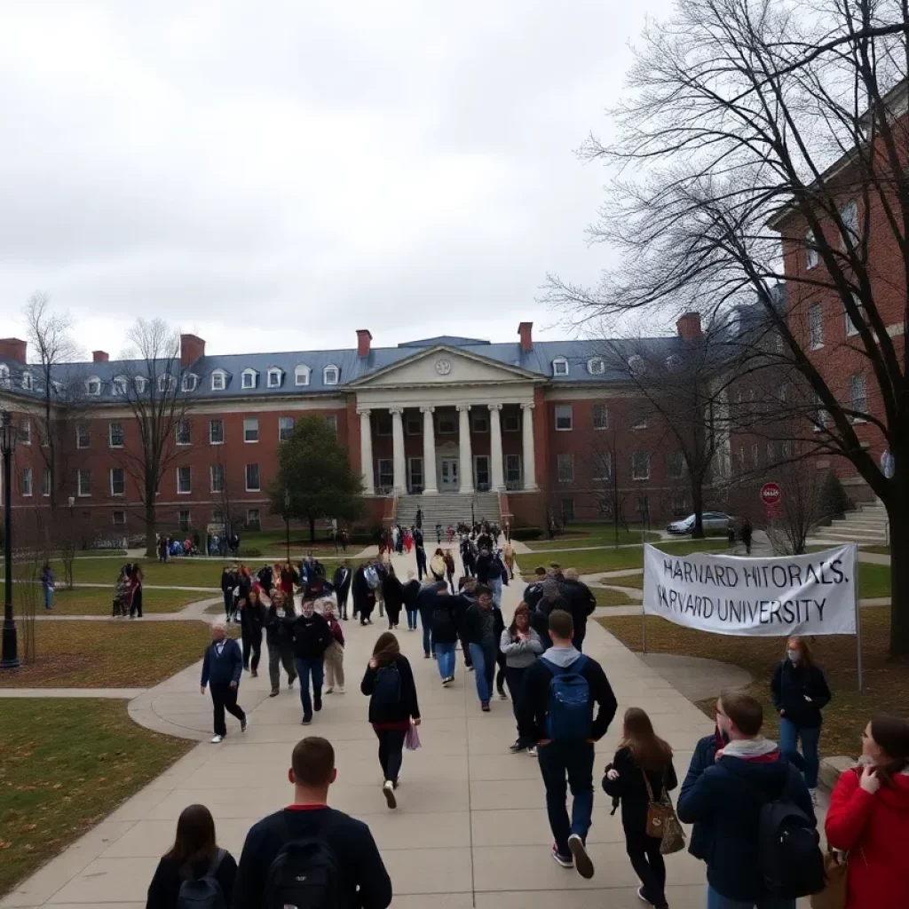 Harvard University campus with students walking in groups