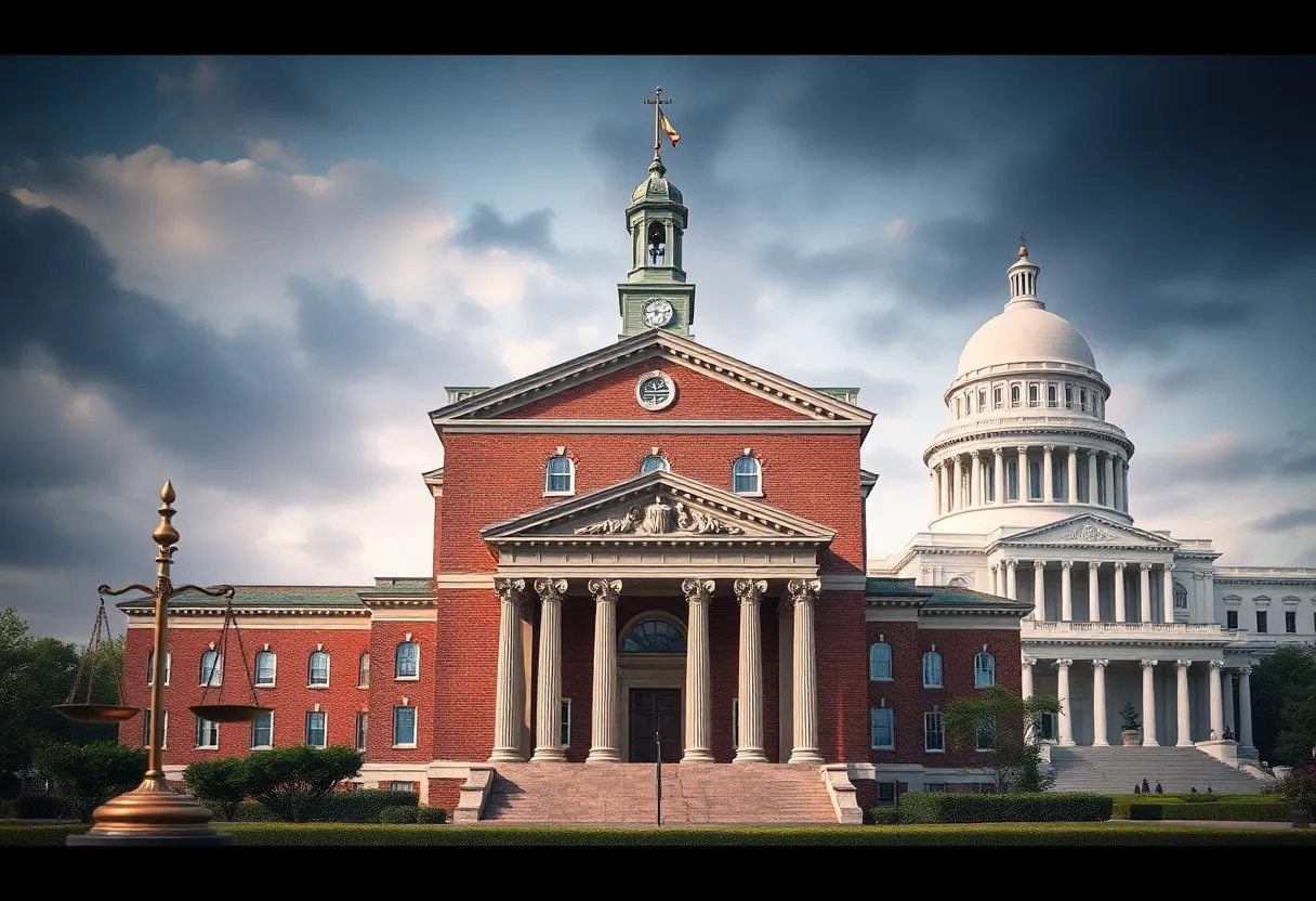 Depiction of Harvard University and legal scales representing academic freedom